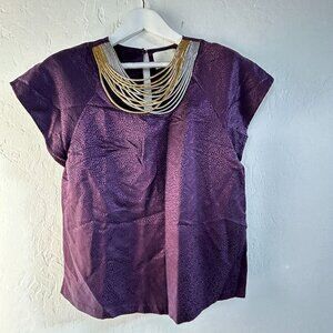 3.1 Phillip Lim Womens Wool Silk Short Sleeve Top Metallic Neck Size 6 Purple